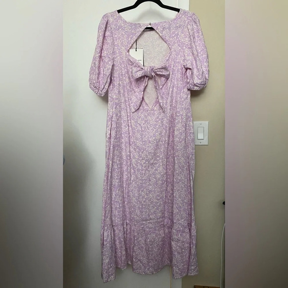 NWT Who What Wear Floral Linen Blend Orchid Tie Back Dress with Pockets Size L - Picture 3 of 9